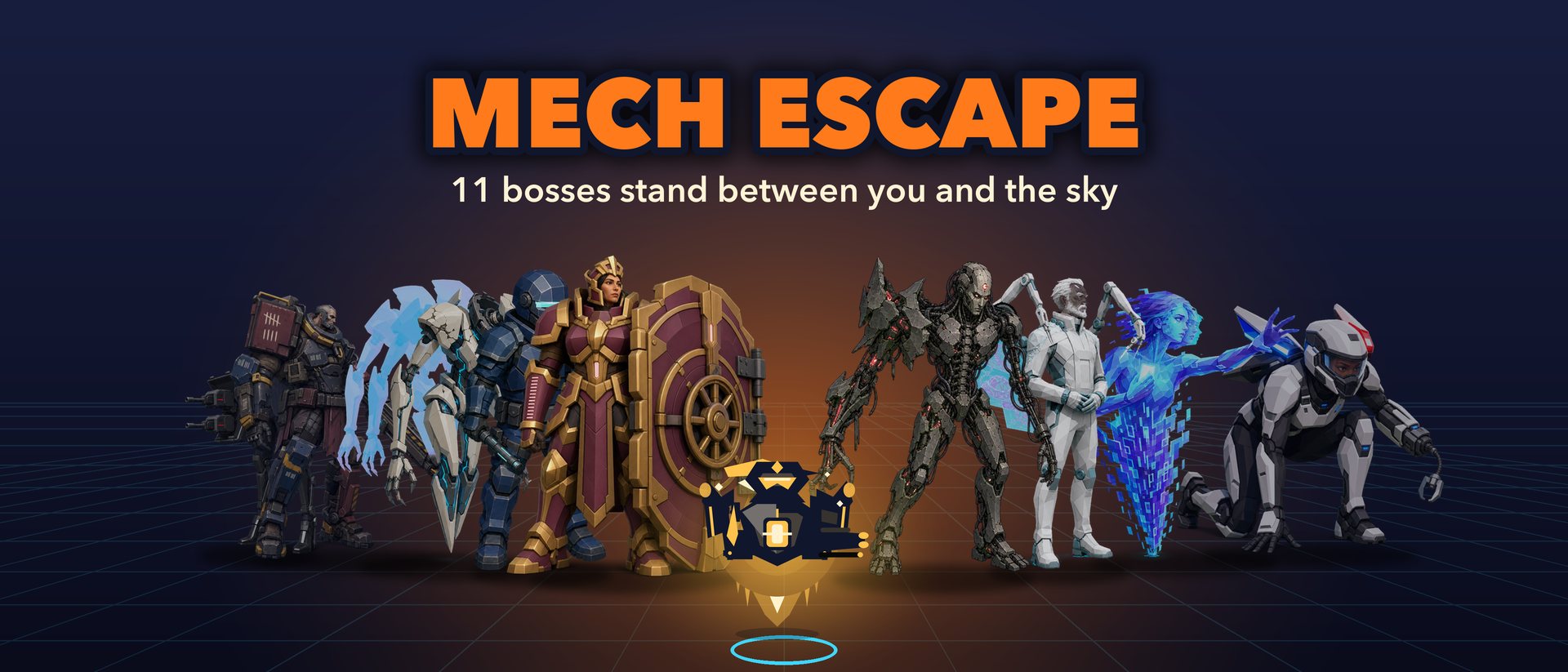 Mech Escape key art. The player mech hovers in front of nine of the game's bosses. Title: Mech Escape. Tagline: 11 bosses stand between you and the sky.