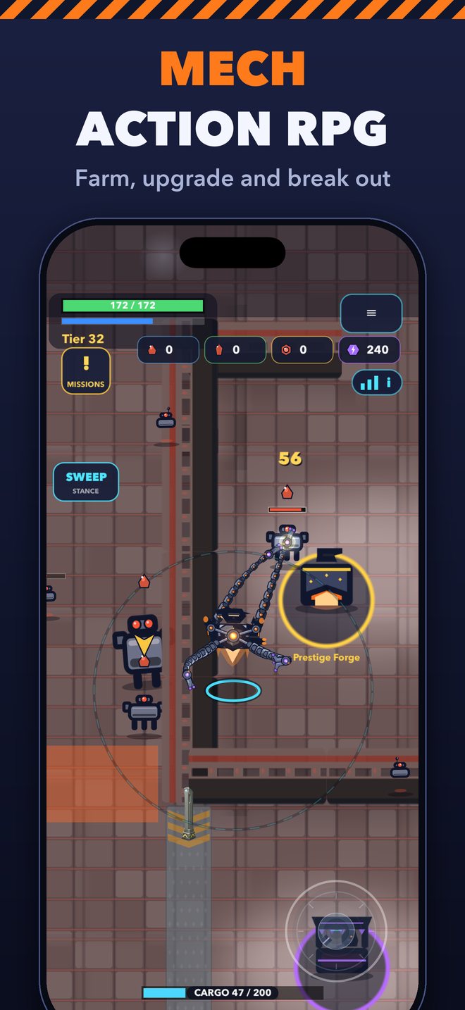 Mech action RPG. Farm, upgrade and break out. The mech grabs an enemy robot with its Mechanical Tentacles.