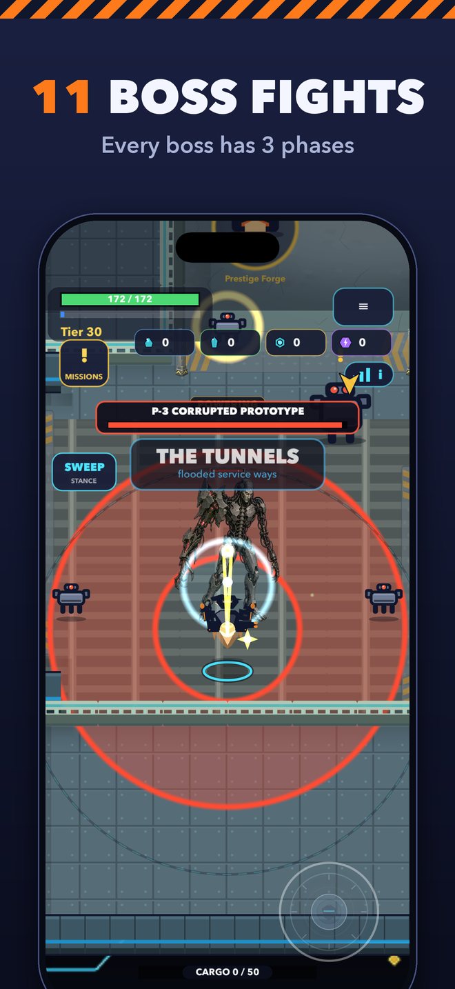 11 boss fights. Every boss has 3 phases. The mech fights a boss with a health bar across the top.