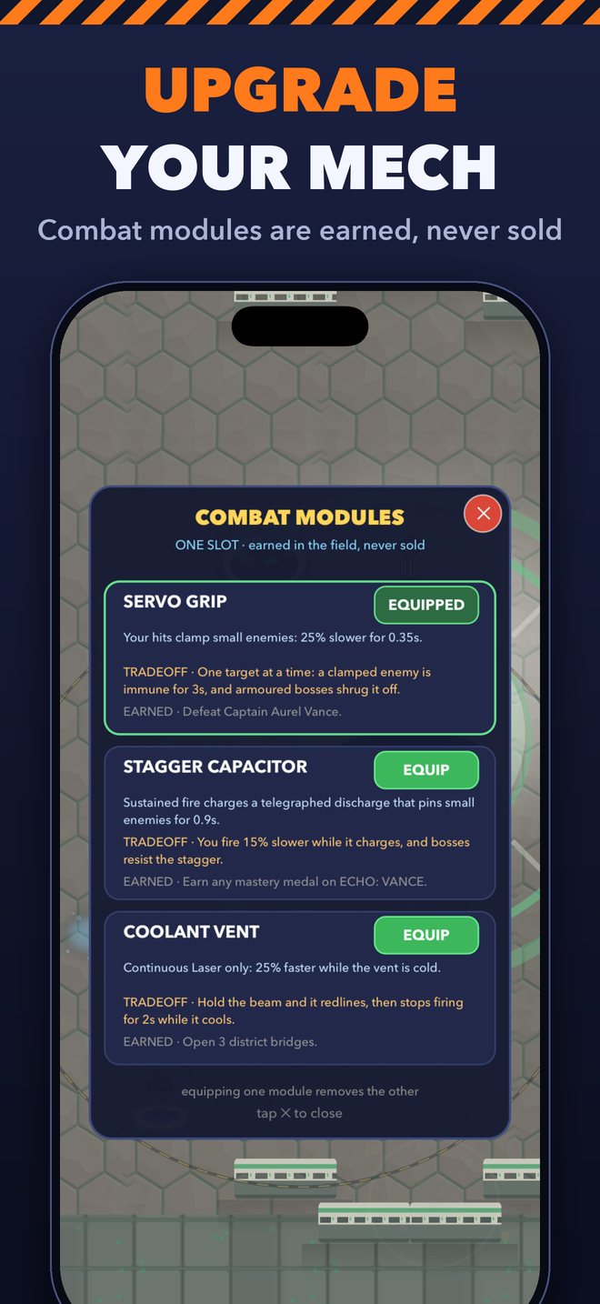 Upgrade your mech. Combat modules are earned, never sold.
